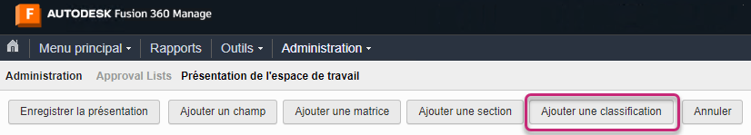 Bouton Ajouter une classification dans la boîte de dialogue Présentation de l’espace de travail