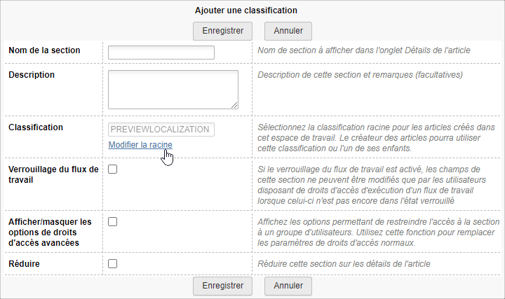 Boîte de dialogue Ajouter une classification