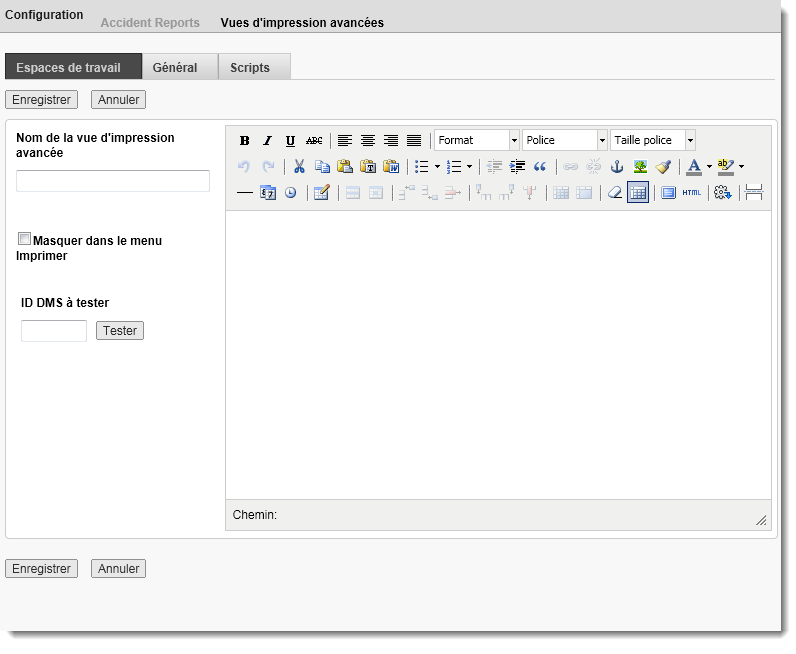 Éditeur de configuration des vues d’impression avancées