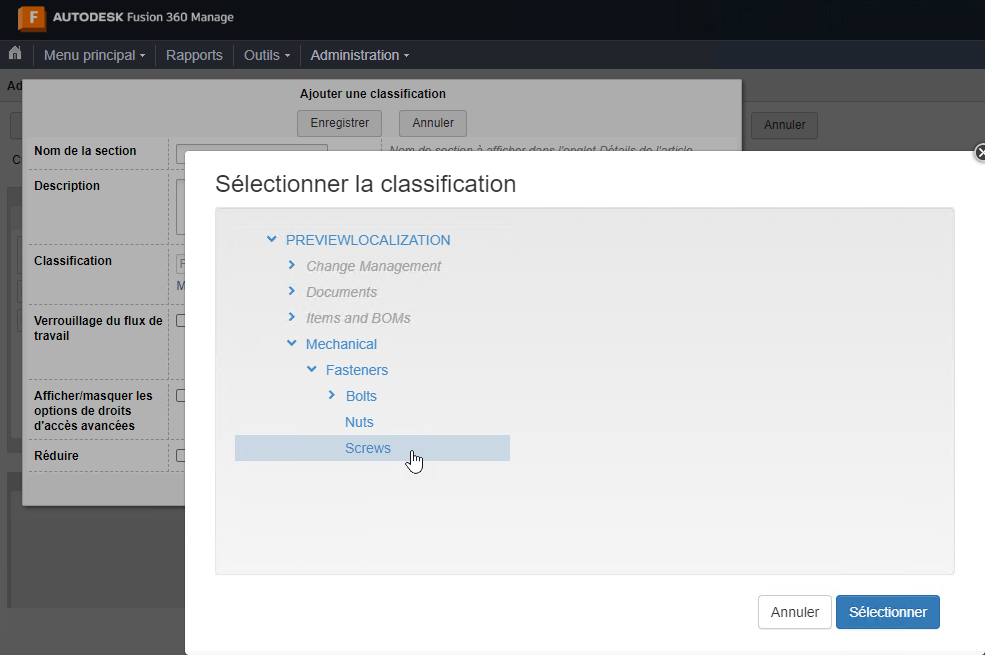 Boîte de dialogue Sélectionner la classification