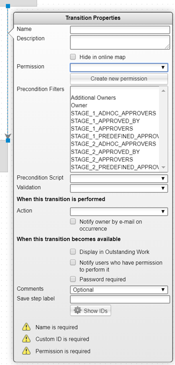 Barre d’outils déroulante des propriétés de transition