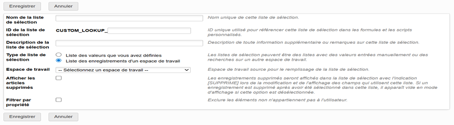 Définition d’une liste de sélection d’espace de travail