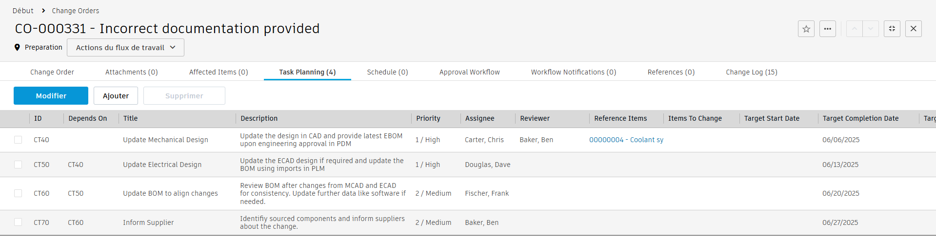 Onglet Planification des tâches