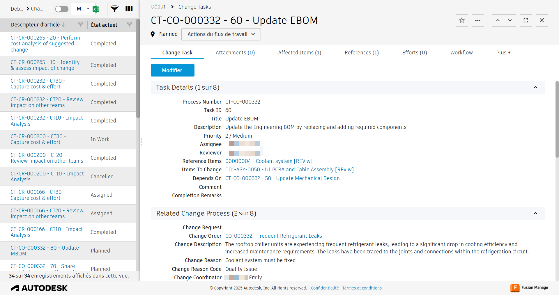 tâches de modification