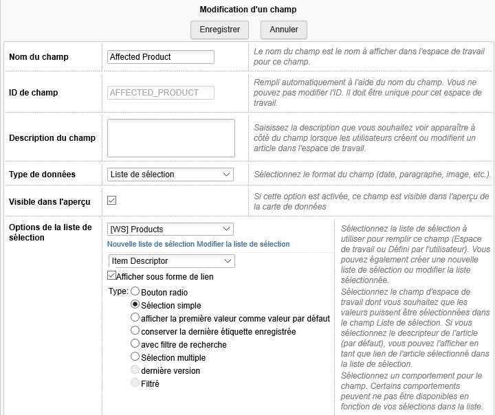 Champs avec liste de sélection