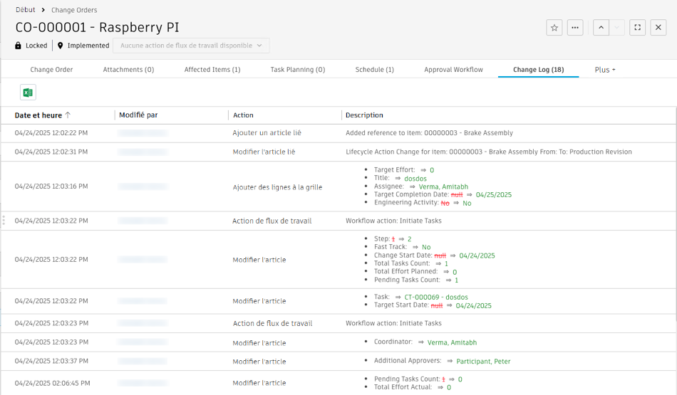 onglet Journal des modifications