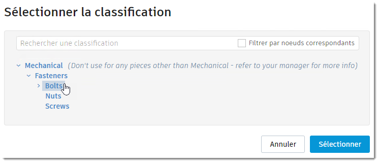 sélection de la classification