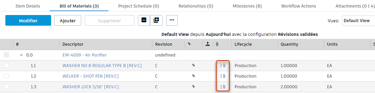 pièces jointes de la nomenclature