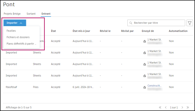 Interface d'importation des feuilles