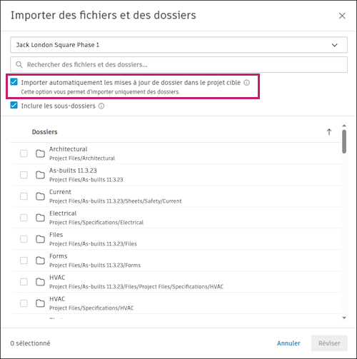 Boîte de dialogue Importer des fichiers et des dossiers