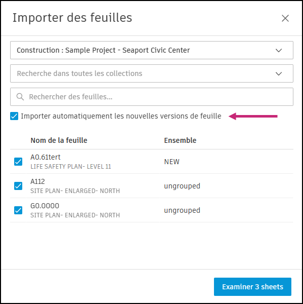 Boîte de dialogue Importer des feuilles