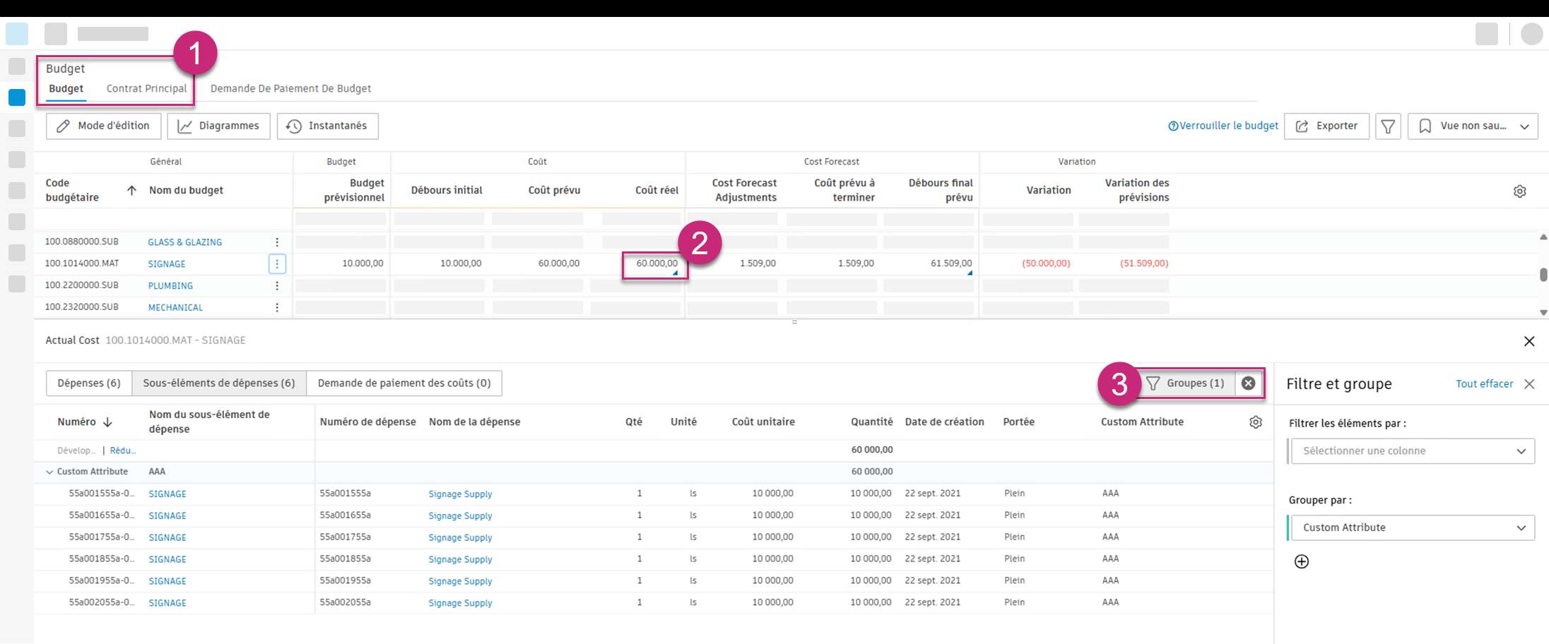 Volet déroulant Coût réel