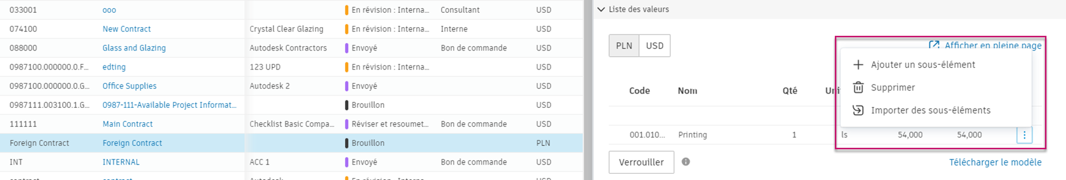 Exemple de liste des valeurs de contrat