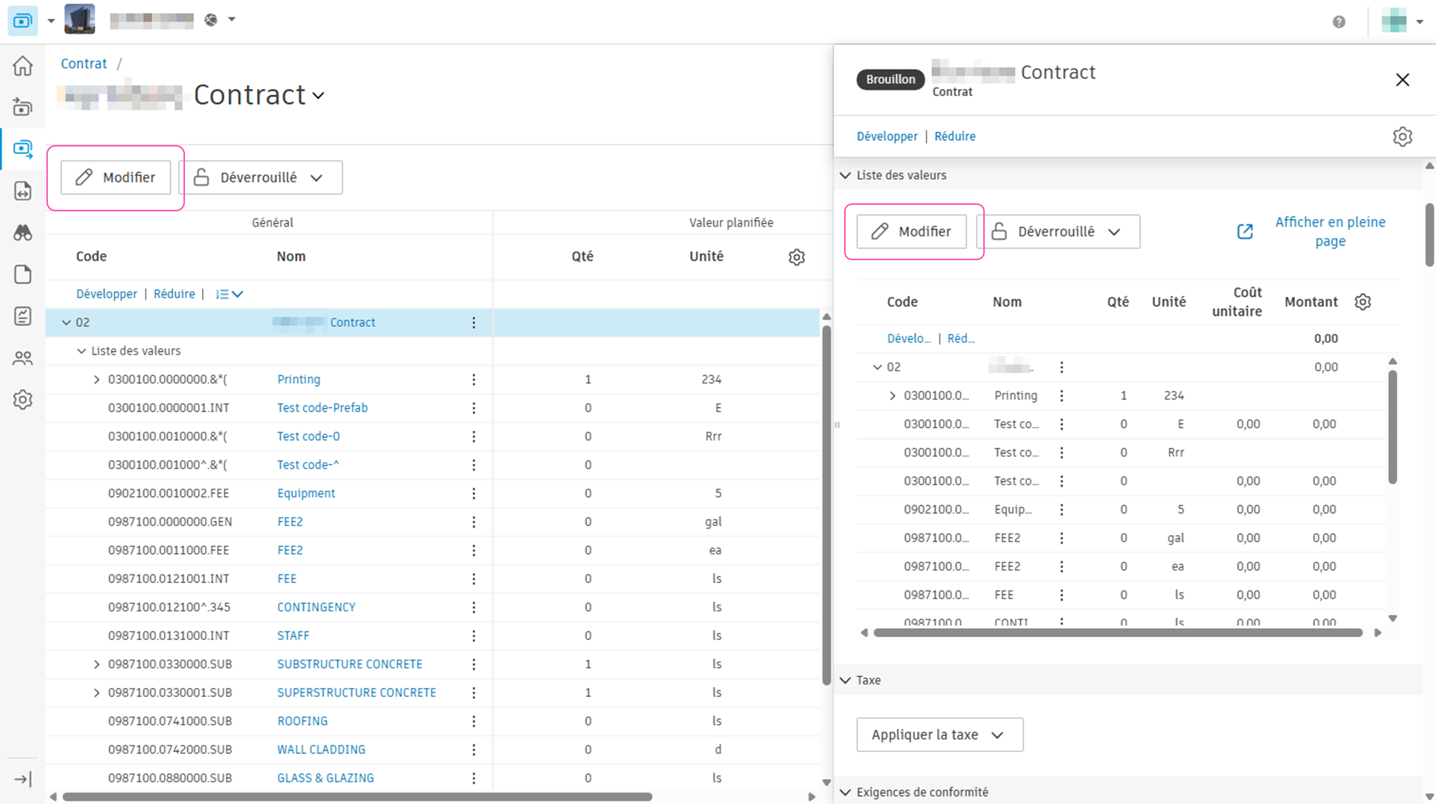Bouton Modifier la liste des valeurs du contrat
