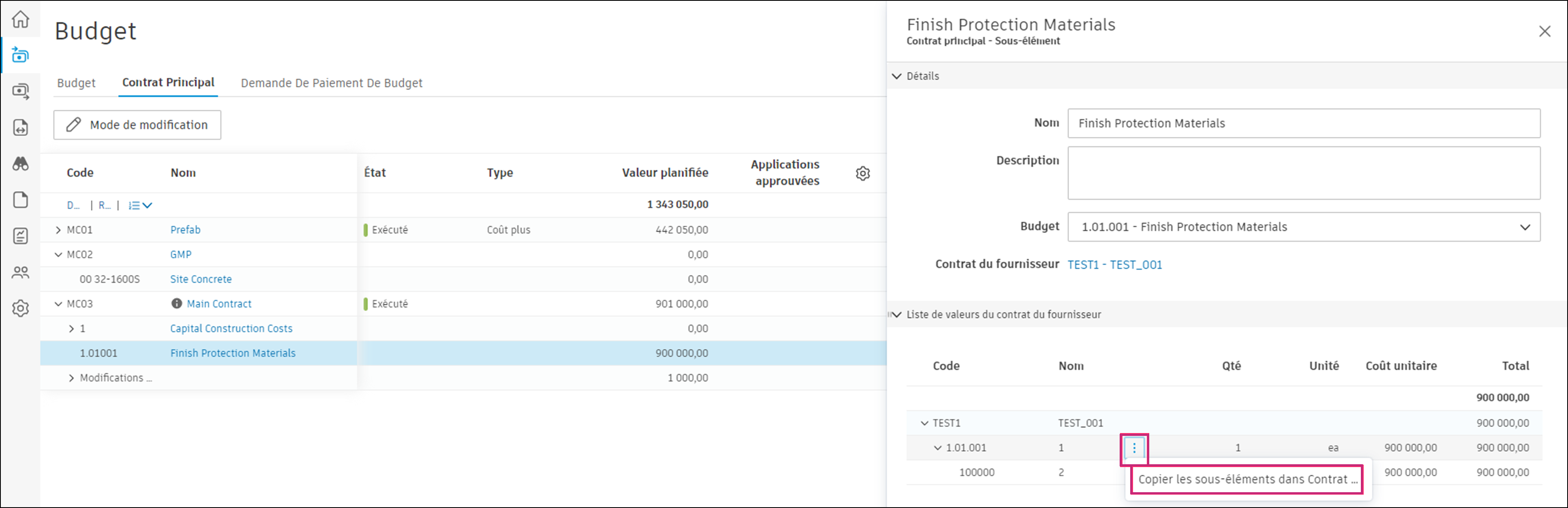 Copier la liste des valeurs à partir du contrat