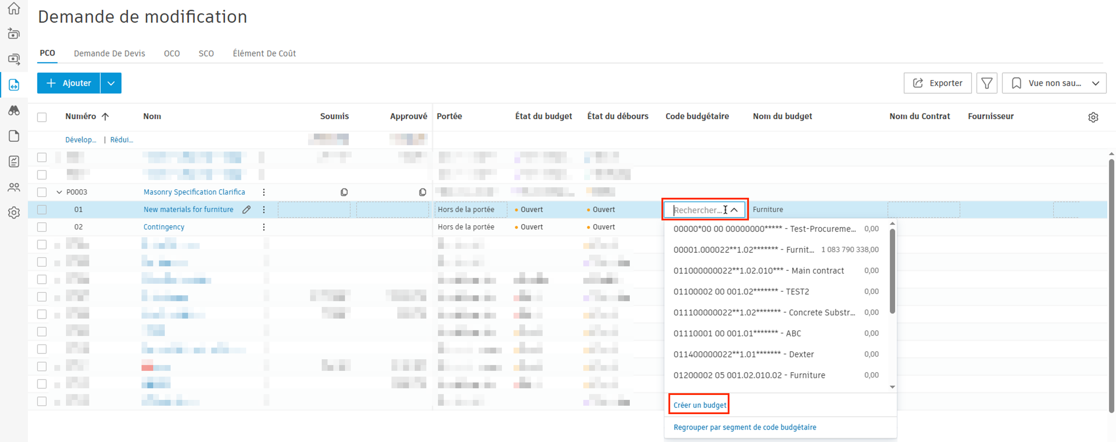 Menu déroulant du budget des éléments de coût affichant pour créer un nouveau budget