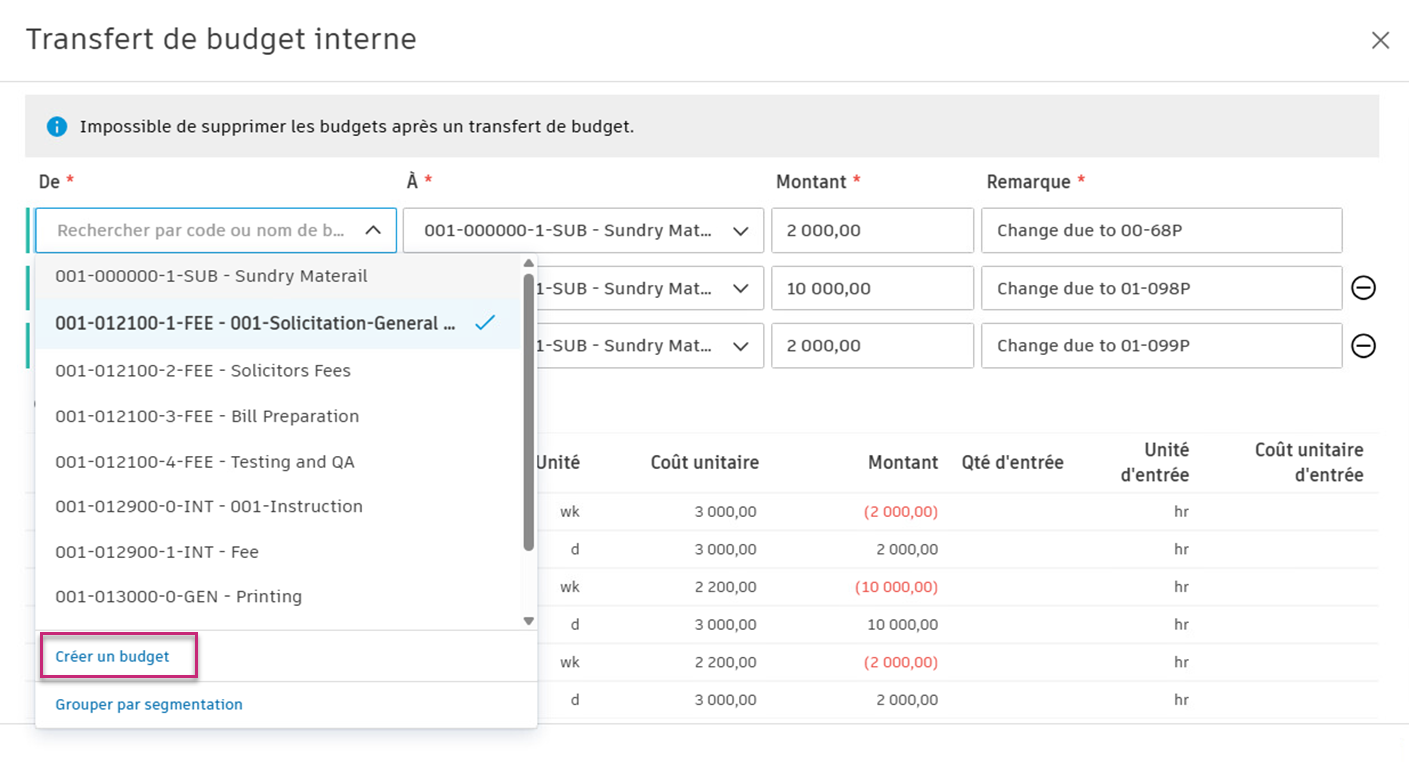 Création d’un budget lors du transfert
