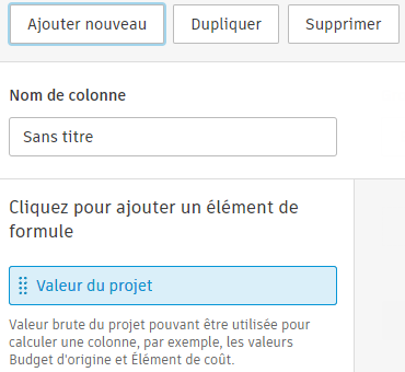 Colonne personnalisée Valeur du projet