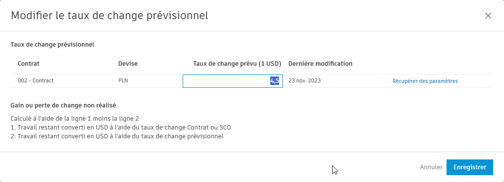 Modifier les taux de change prévus