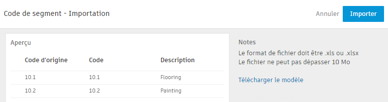 Bouton Importer dans la boîte de dialogue Importation des codes de segment