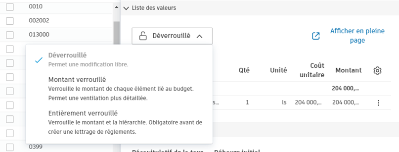 Verrouiller l’exemple de liste des valeurs