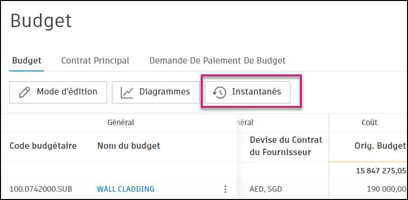 Bouton Instantanés dans l'interface de présentation du budget