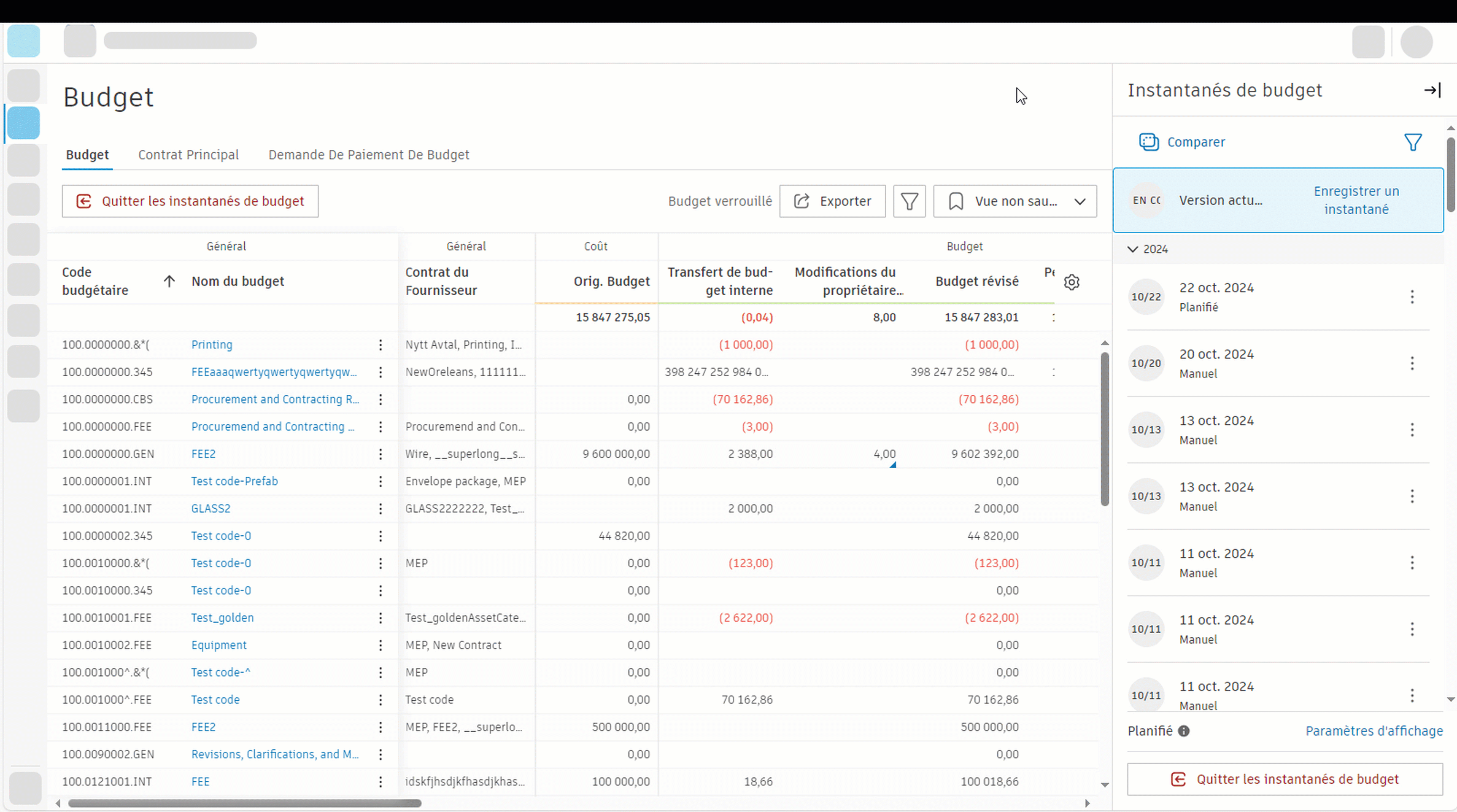 Animation montrant comment comparer des instantanés de budget en cliquant sur le bouton Comparer