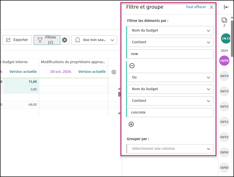 Interface des instantanés du budget avec filtres appliqués pour se concentrer sur des données précises