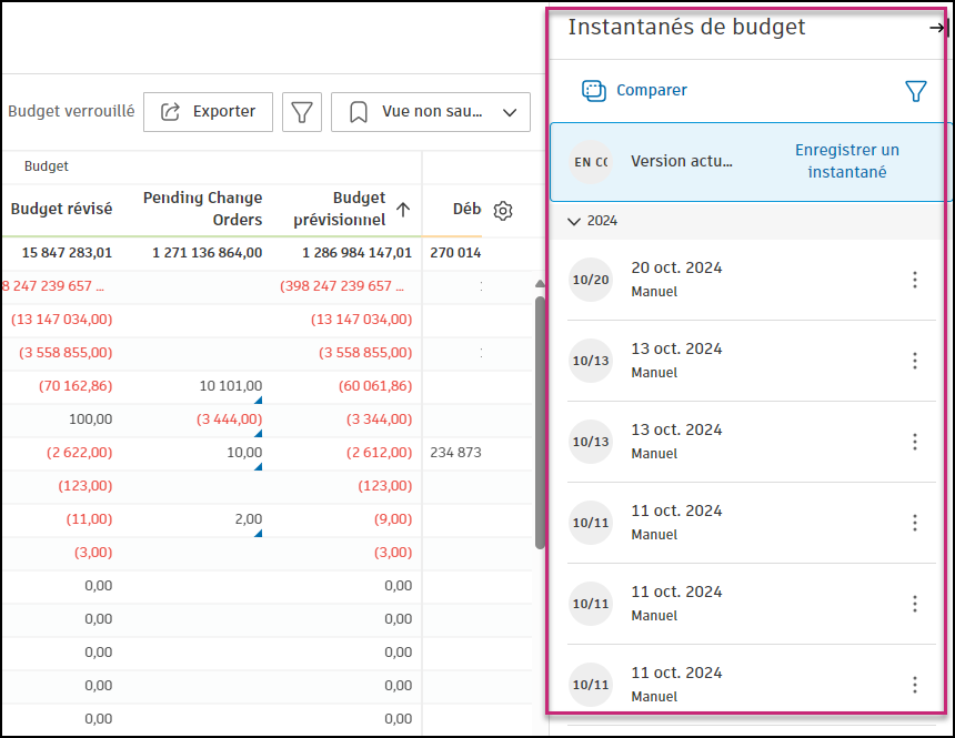 Menu volant des instantanés du budget affichant la version actuelle et les instantanés enregistrés
