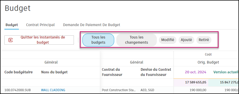 Étiquettes de filtre rapide montrant les options Tous les budgets, Toutes les modifications, Modifié, Ajouté et Retiré