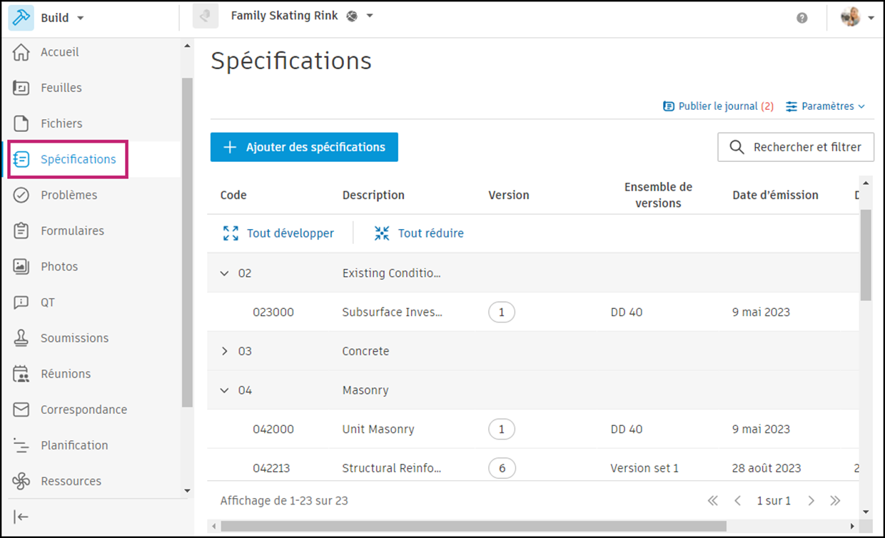 Accéder à l’outil Spécifications