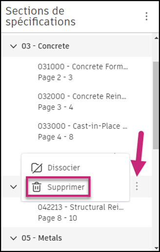 Supprimer des sections à partir du menu Plus