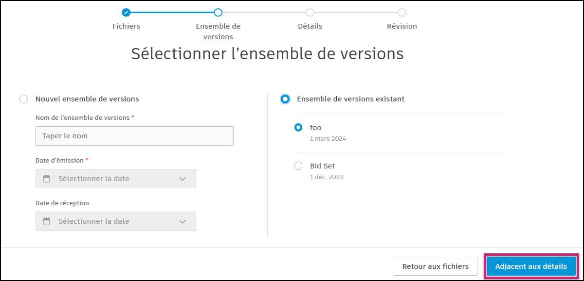 Sélectionner un jeu de versions