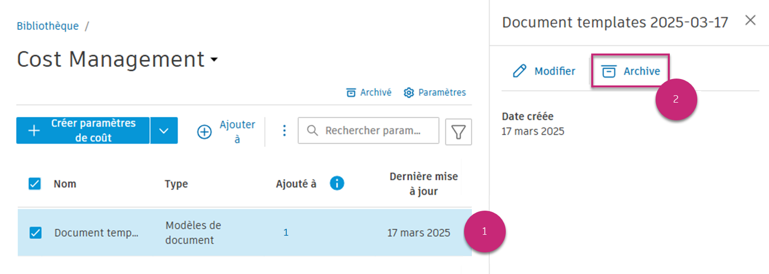 Archiver le paramètre de coût