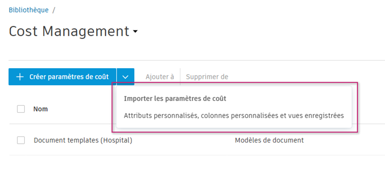 Importer les paramètres de coût