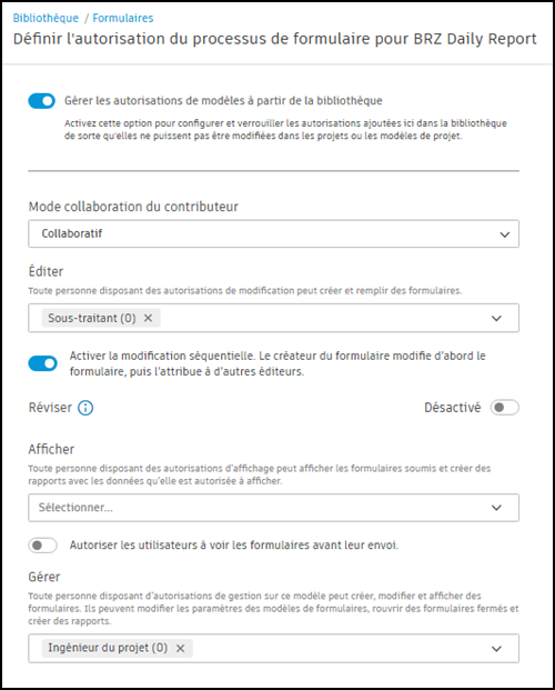 Capture d’écran des autorisations au niveau de la bibliothèque