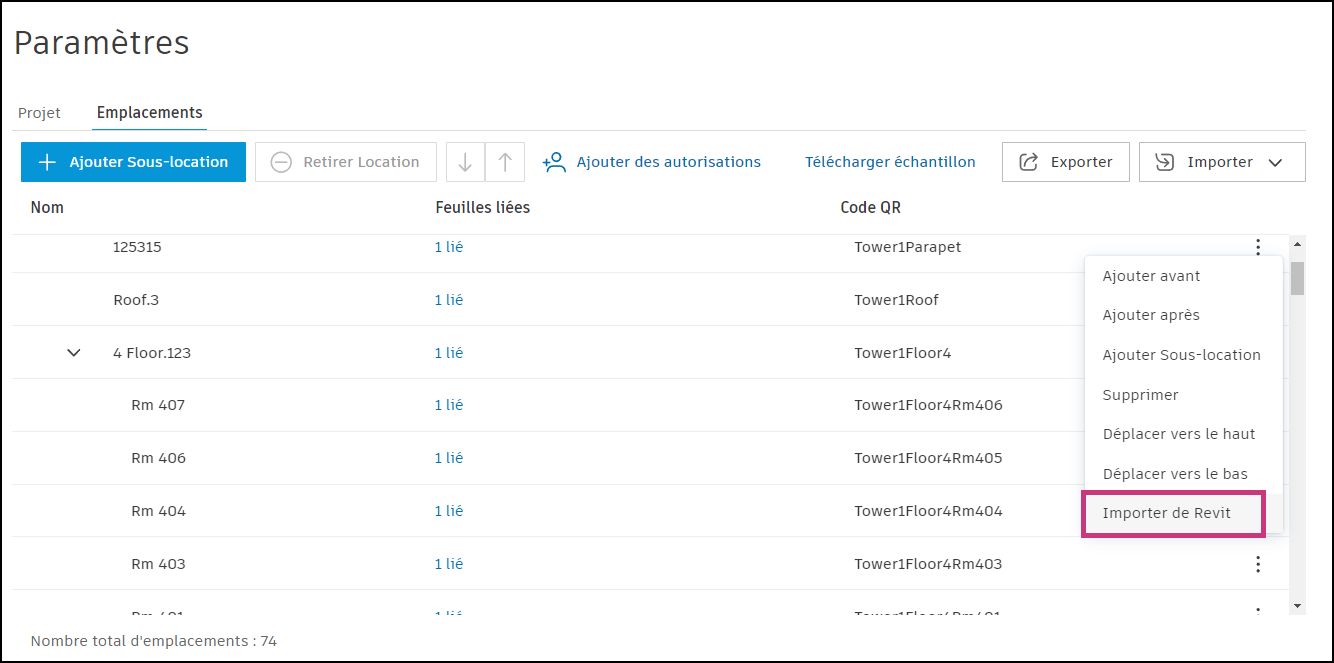 Emplacements : importer vers le nœud