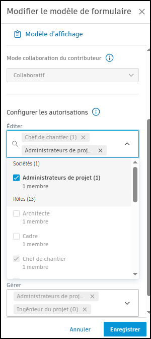 Capture d’écran des autorisations du modèle de formulaire de projet