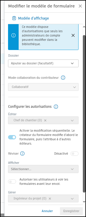 Capture d’écran des autorisations au niveau du modèle de projet