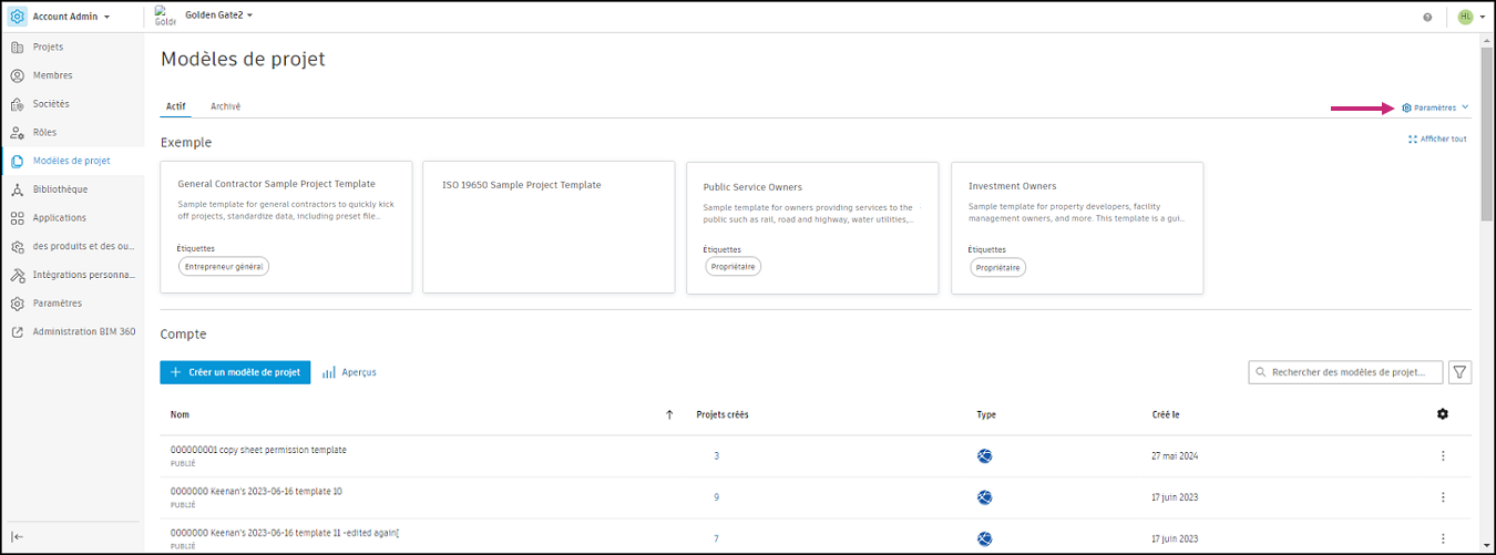 Paramètres du modèle de projet