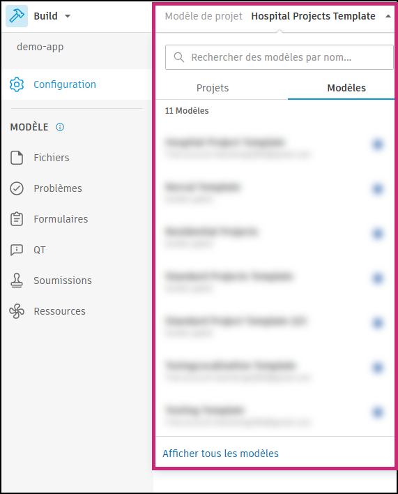 Menu du sélecteur de modèle