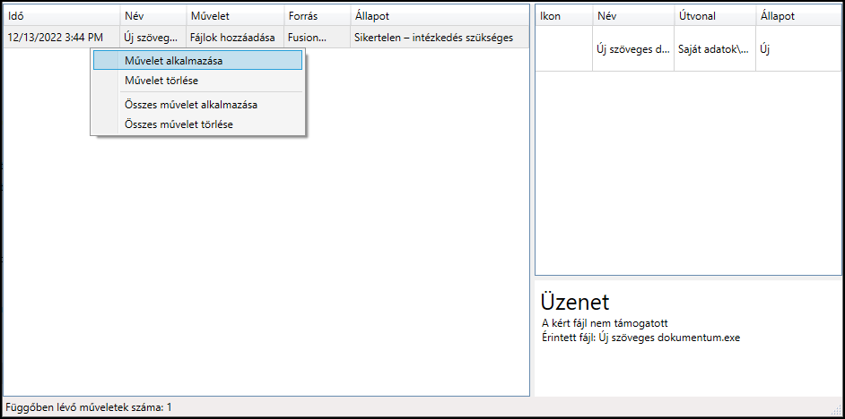 Függőben lévő műveletekhez kapcsolódó lehetőségek – Fusion