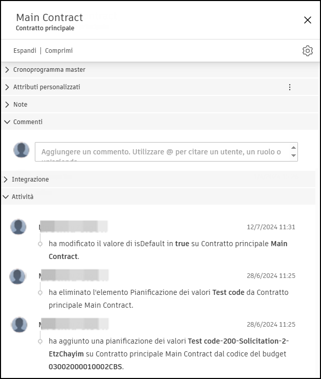 La vista delle attività per il contratto principale