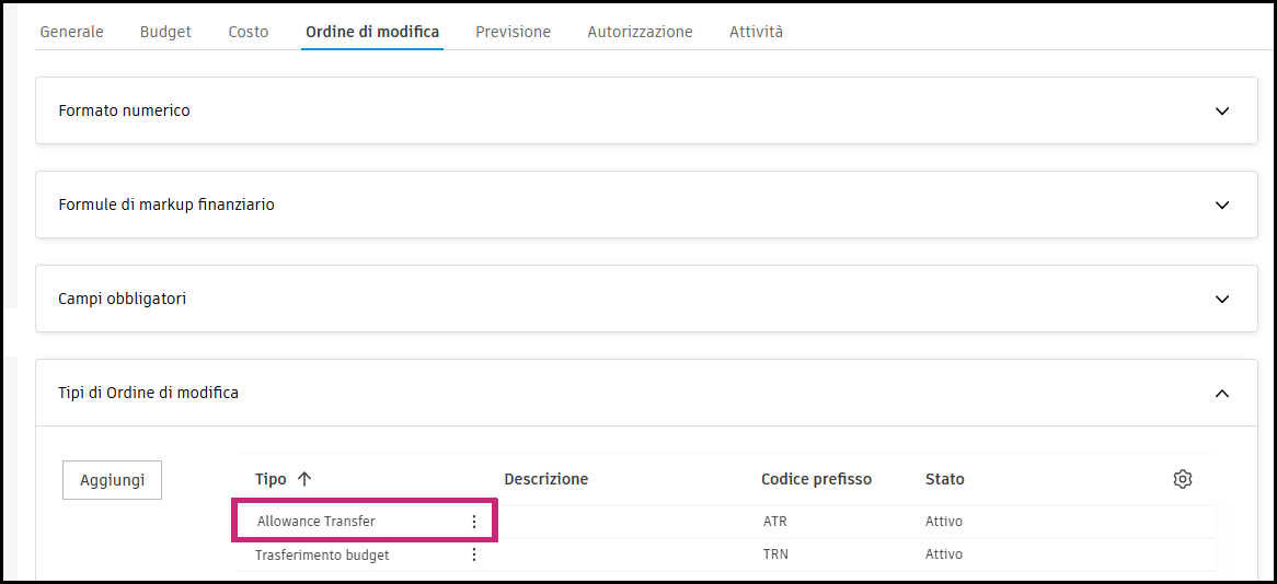 Change order type setup showing Allowance Transfers configuration