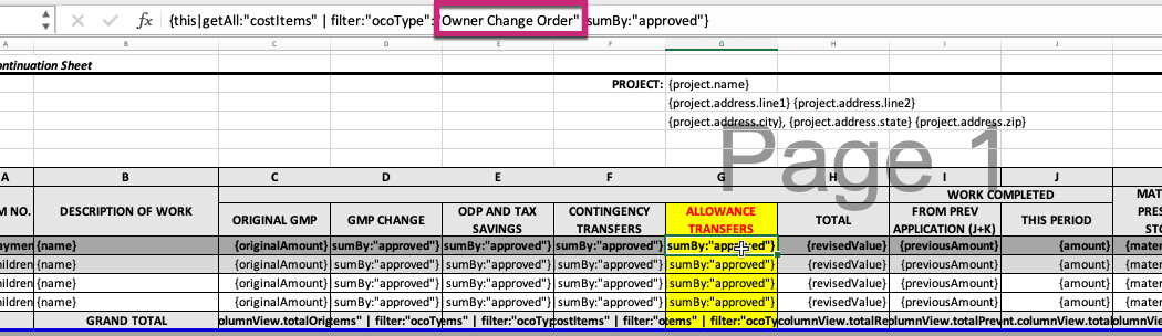 Excel spreadsheet showing Owner Change Order column setup