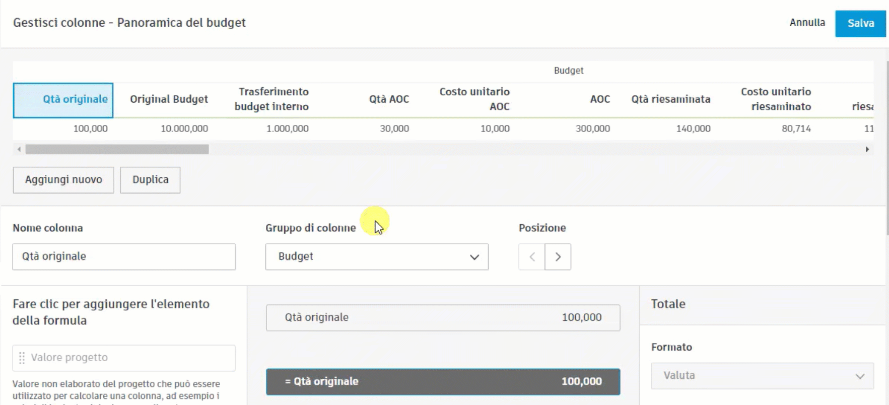 Budget overview columns management interface