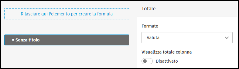 Screenshot showing the column total configuration options with currency, number, and percentage display formats