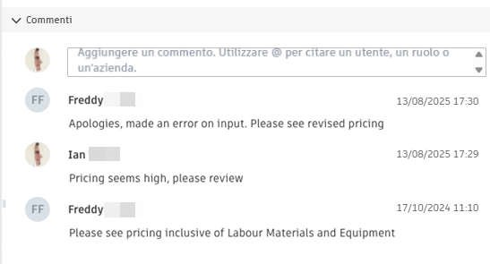 RFQ comments section showing multiple comment entries