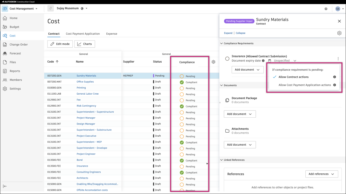 Compliance status column in overview table