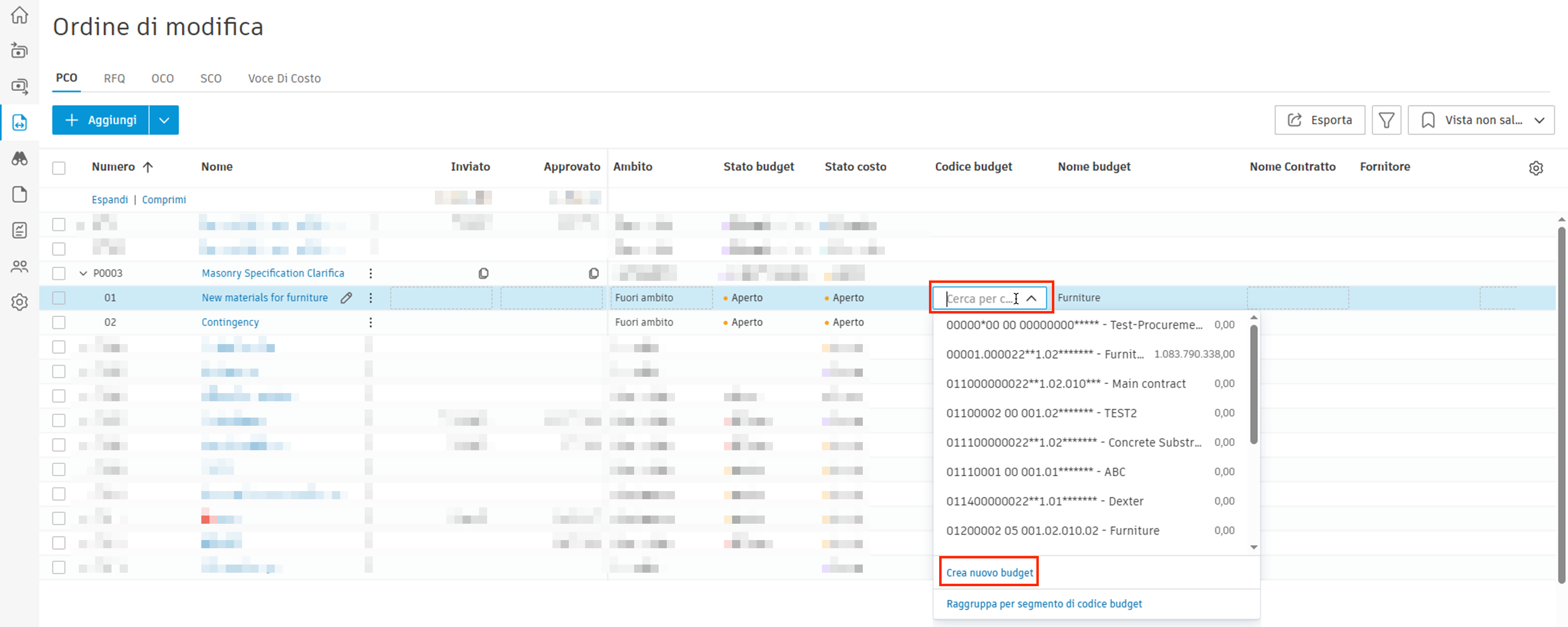 Cost item budget dropdown showing option to create a new budget